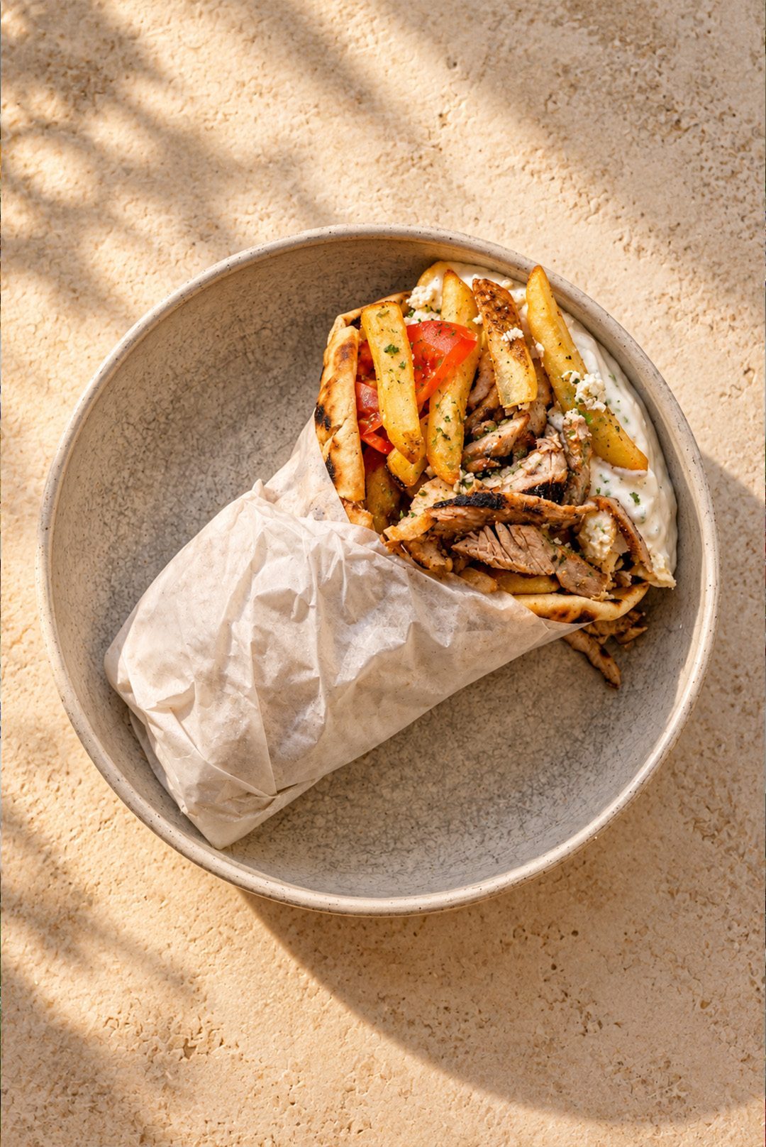 Gyro with fries and tzatziki, wrapped in paper