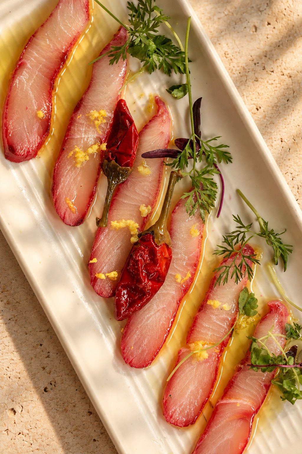 Beet cured hamachi with preserved lemon, olive oil and chili