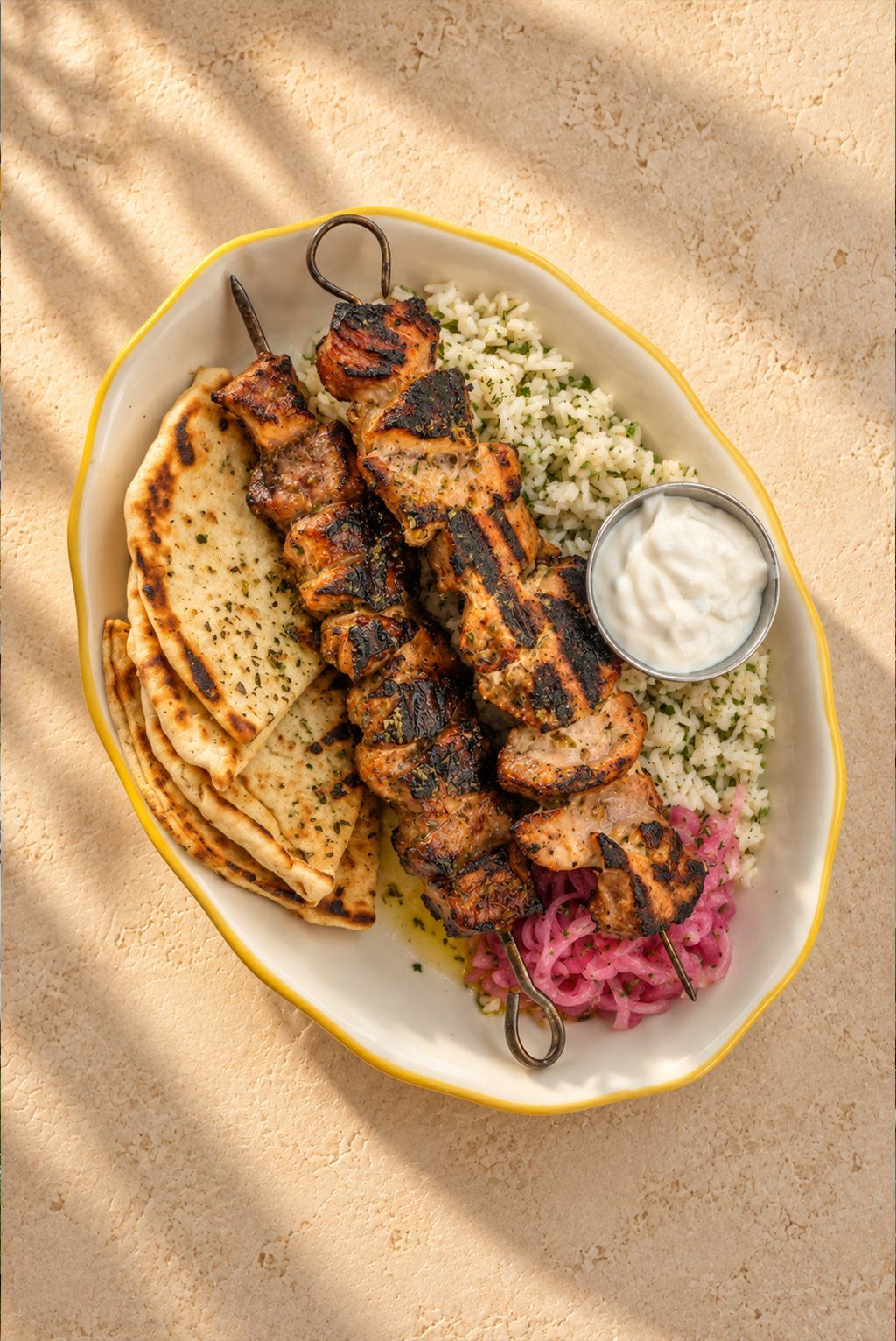 Pork souvlaki with pita, rice, tzatziki and pickled onions