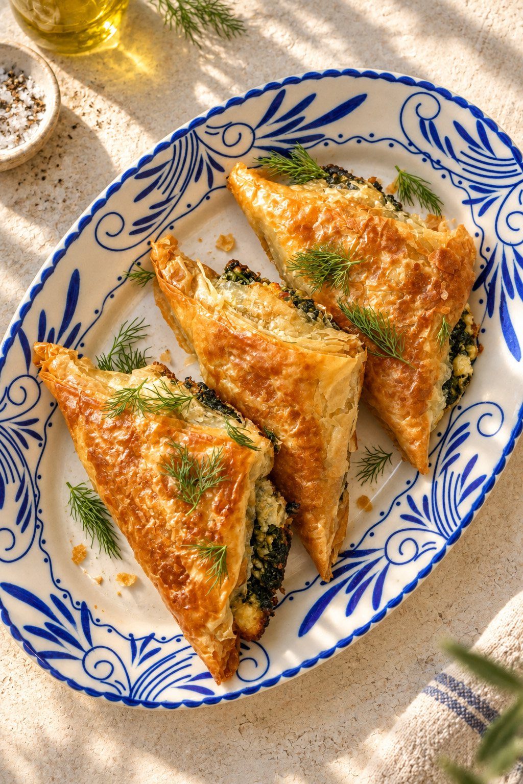 Spanakopita on a blue and white platter