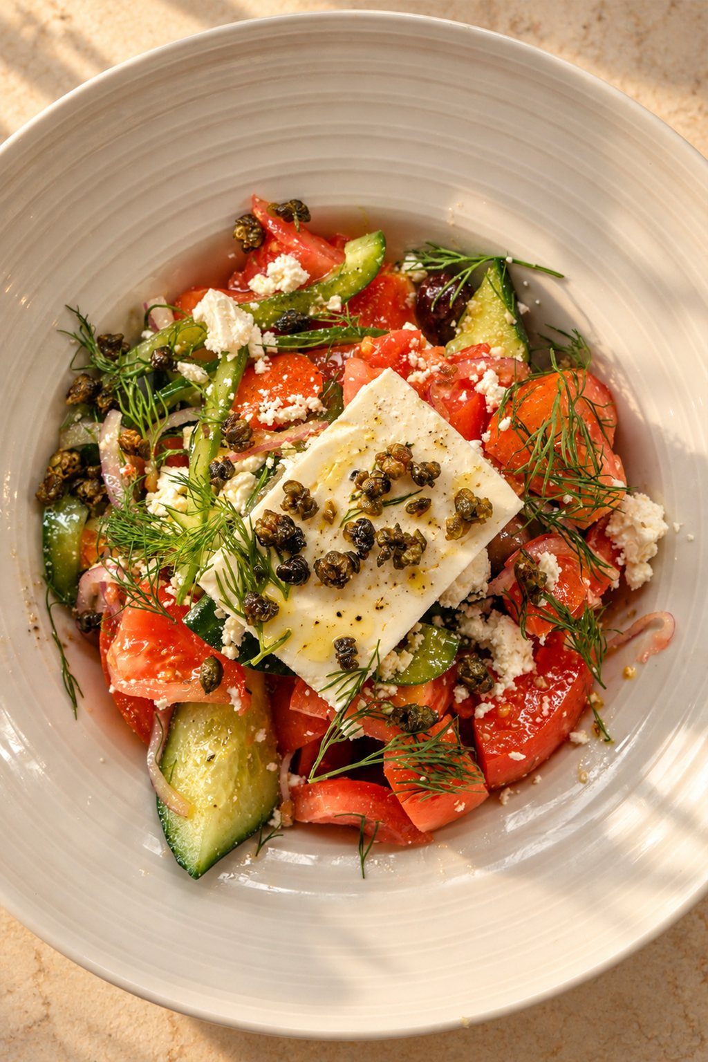 Village salad with tomato, cucumber, feta, capers and dill