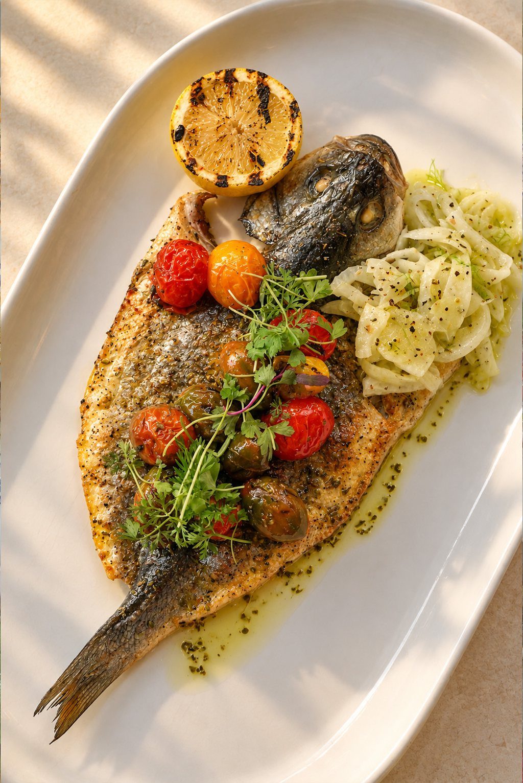 Whole branzino with blistered tomatoes, fennel salad and a charred lemon half